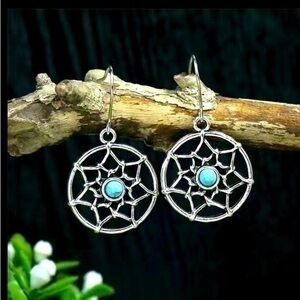 Southwest Style Turquoise Dream Catcher Silver Earrings